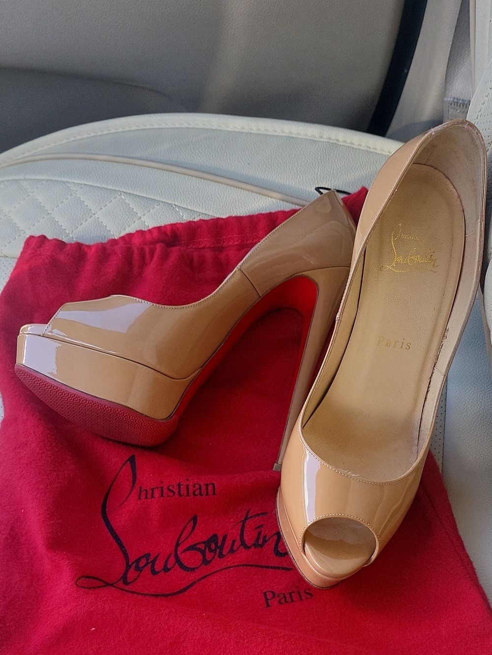 Christian Louboutin Nude Patent Peep-Toe Platform Pumps, No Box